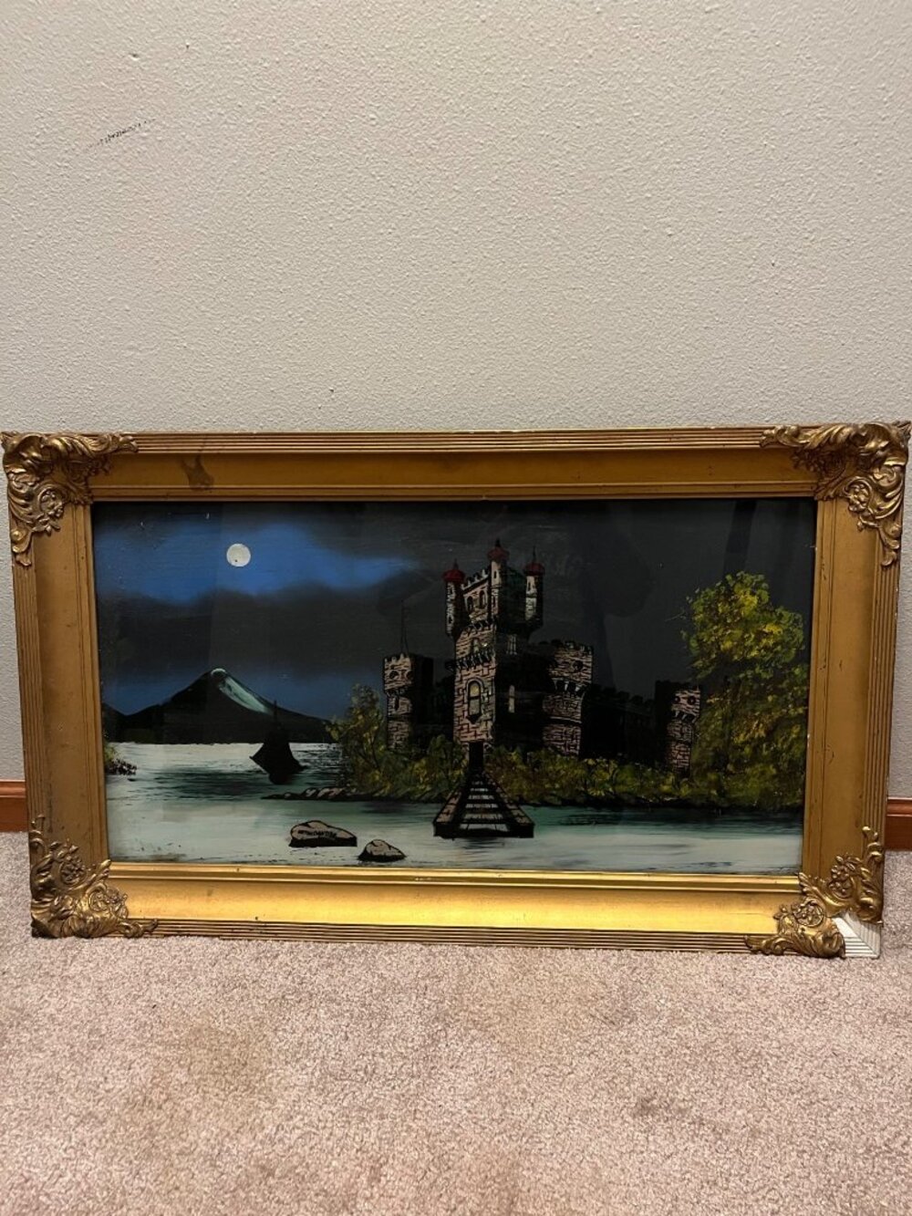 Reverse Painting on Glass On the Danube Picture A1128, chips in Frame